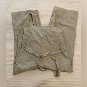 Uniqlo Khaki green and white striped cotton jumpsuit with tie waist